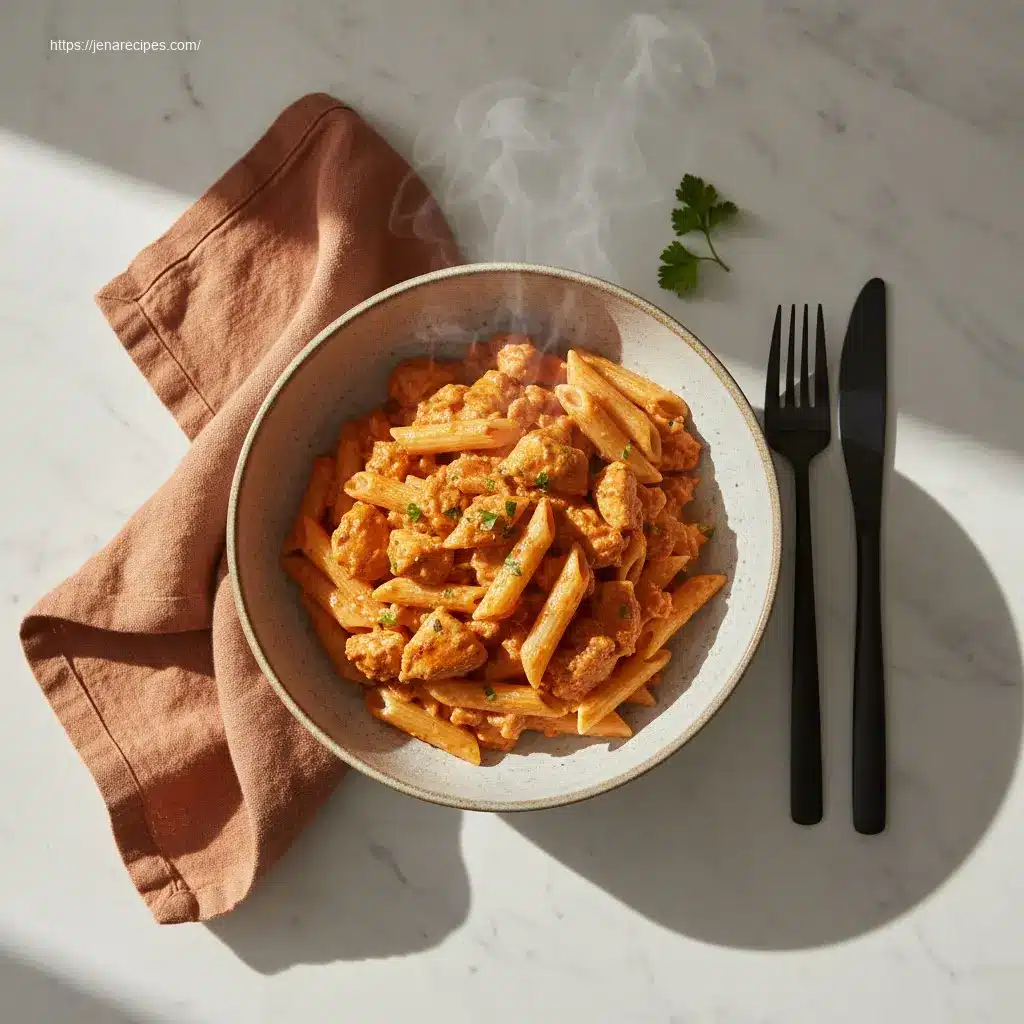 Overhead view of Crock Pot Creamy Cajun Chicken Pasta.
