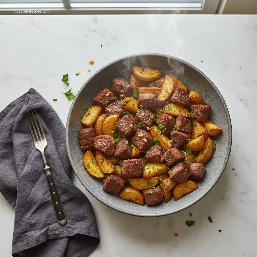 Delicious crockpot garlic butter beef bites with potatoes.