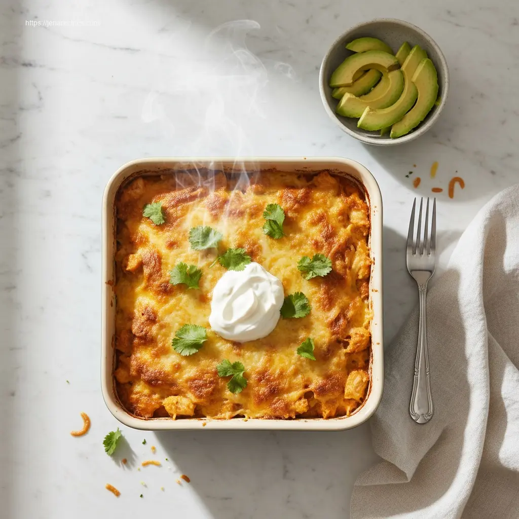 Delicious Crockpot Chicken Enchilada Casserole flat lay