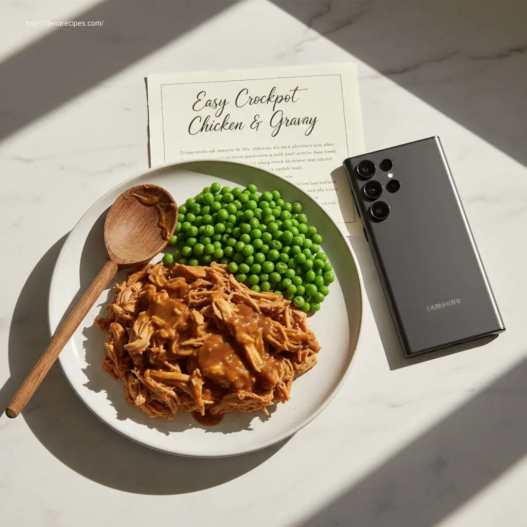 Hearty Easy Crockpot Chicken and Gravy dinner plate.
