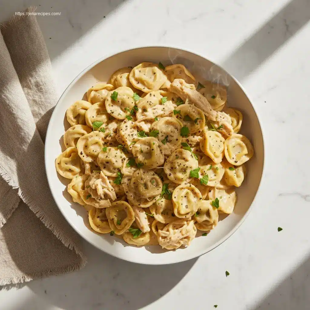 Overhead view of Crockpot Chicken Tortellini, creamy and delicious.