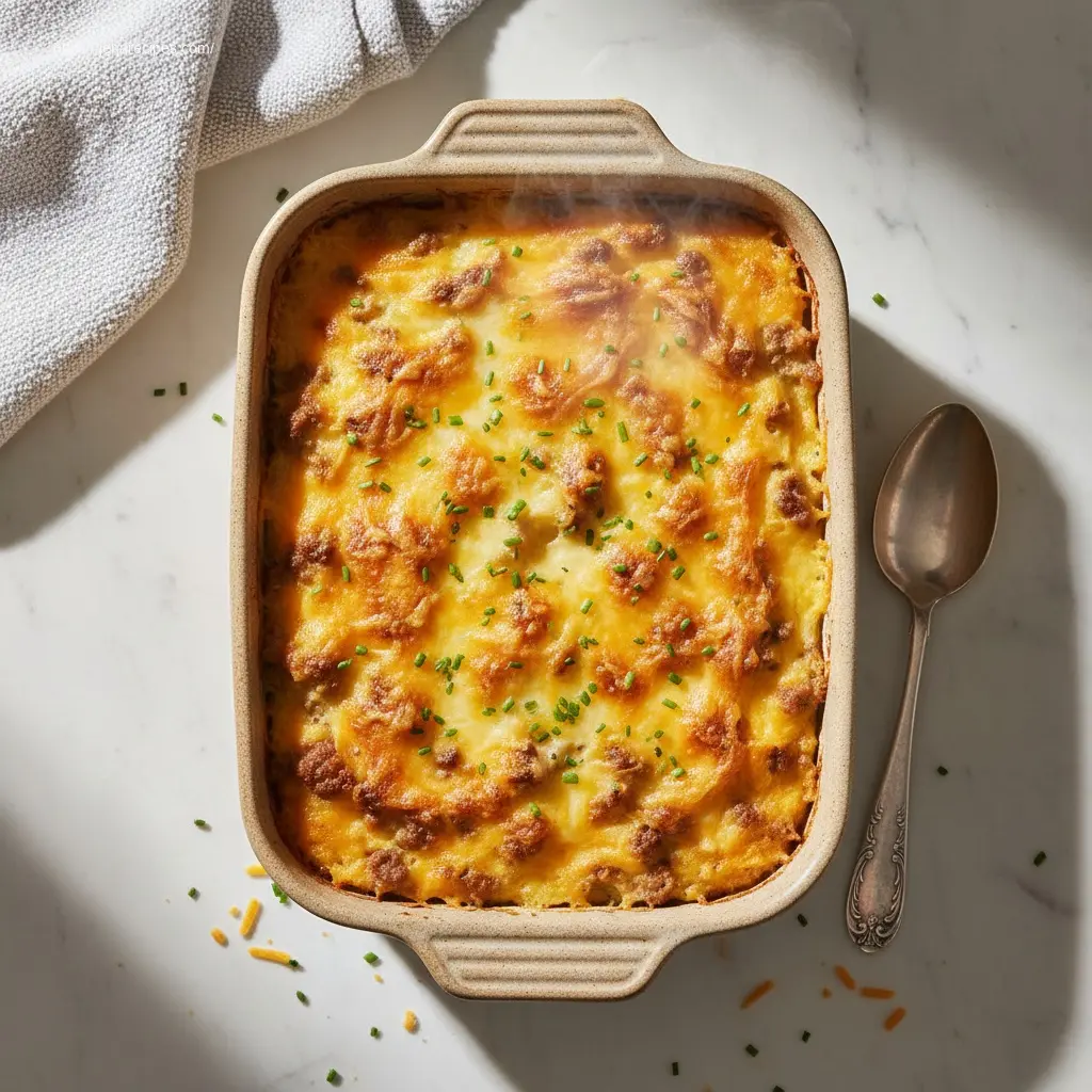 Delicious Crockpot Hamburger Potato Casserole, cheesy and comforting.