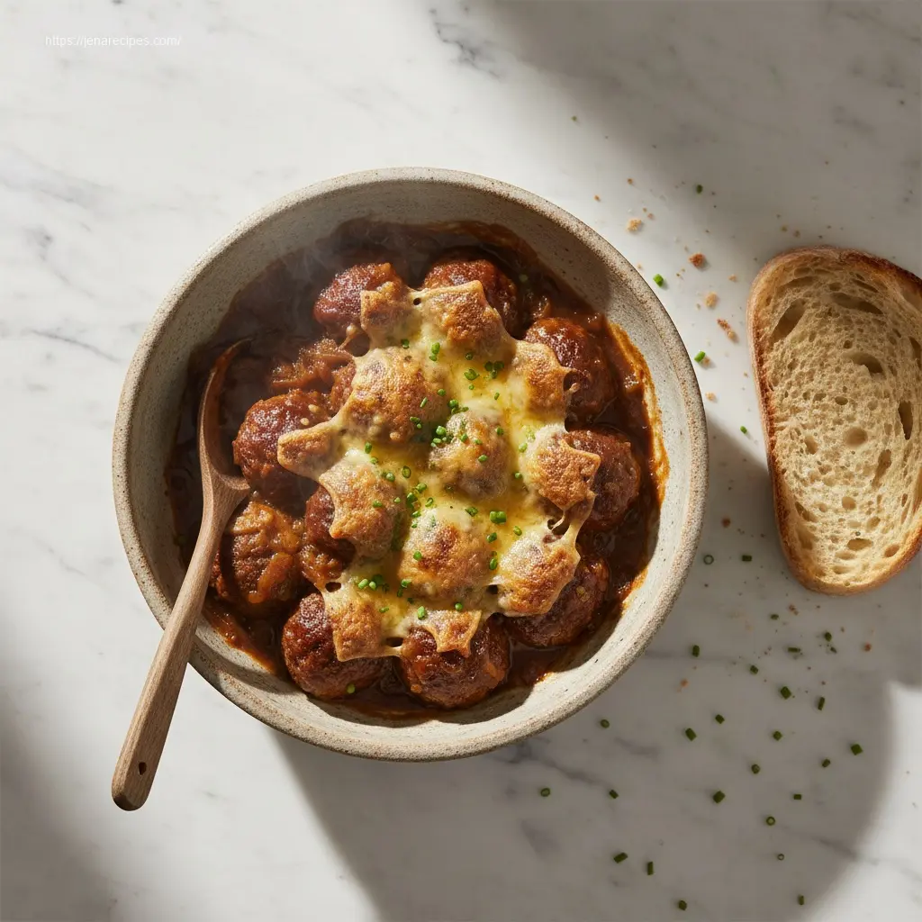 Delicious Crockpot French Onion Meatballs in a rustic bowl.