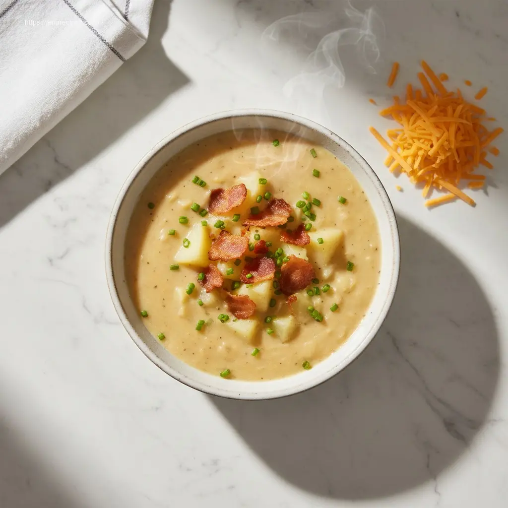 Creamy Crockpot Cheddar Garlic Potato Soup, overhead shot