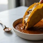 Fave Birria Taco being dipped into a rich consome.