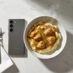 Delicious Easy Crockpot Chicken and Gravy in a white bowl.