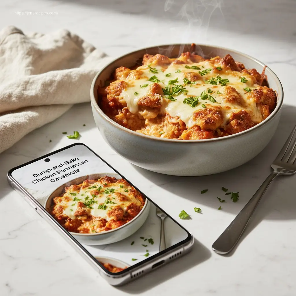 Hearty serving of Dump-and-Bake Chicken Parmesan Casserole.