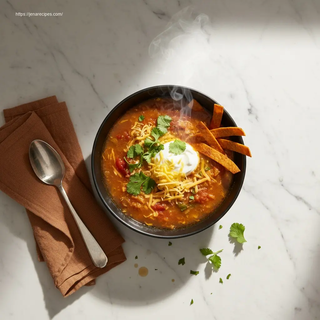 Delicious Easy Chicken Taco Soup, garnished and steaming hot.