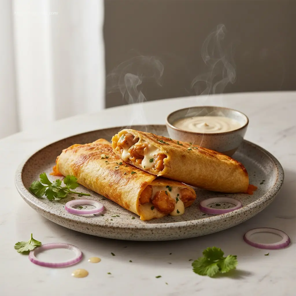 Two Ooey-Gooey Cheesy Garlic Chicken Wraps with dipping sauce.