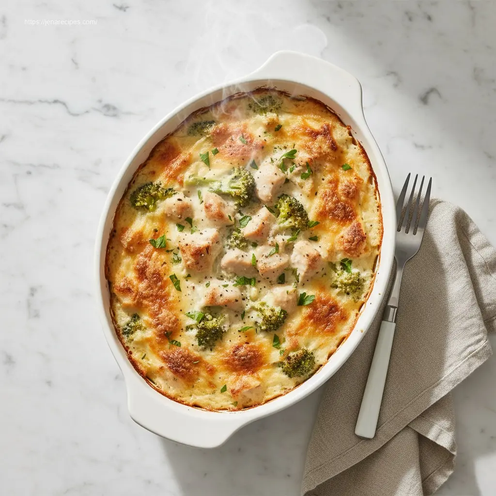 Overhead view of Easy Low Carb Chicken Casserole with broccoli