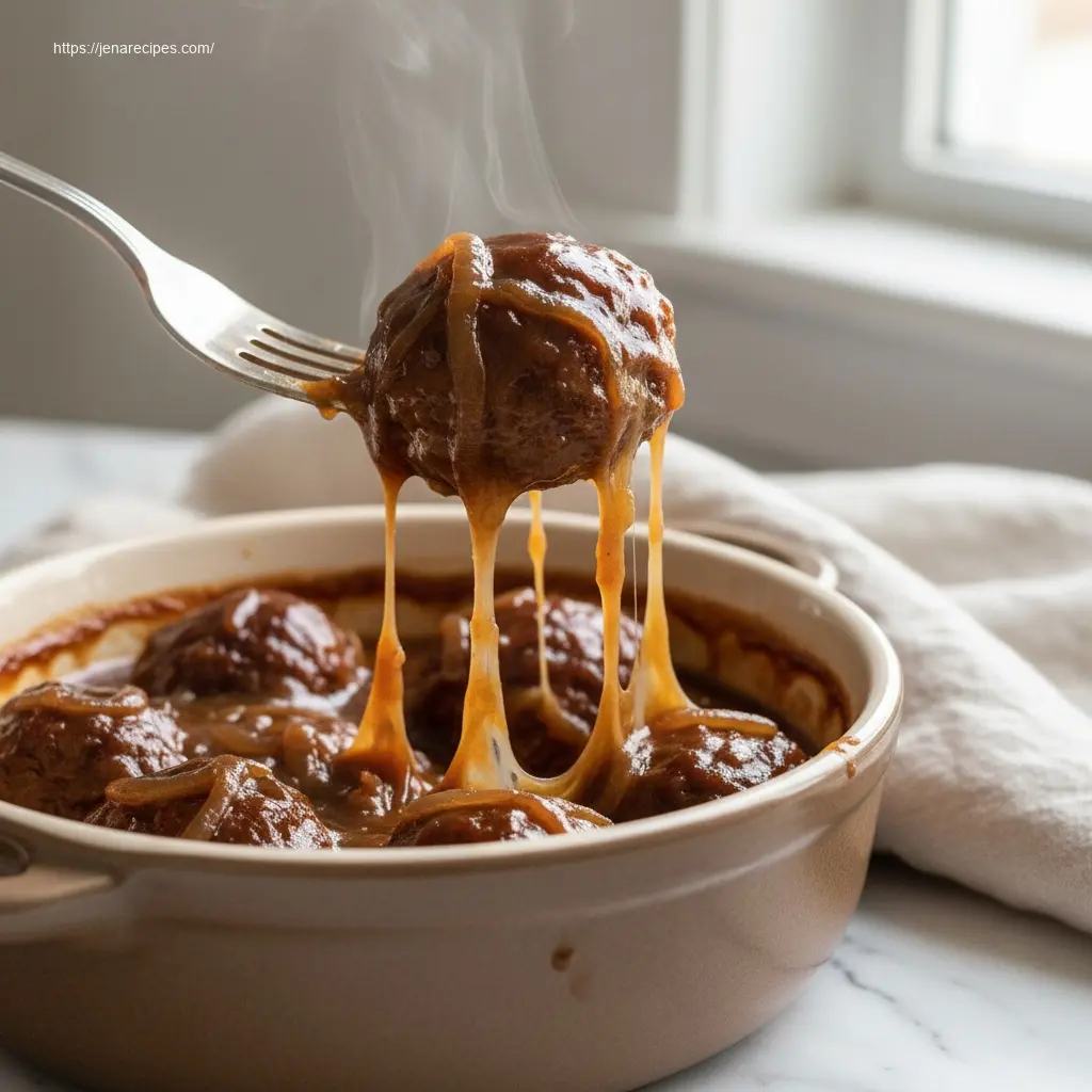 Fork lifting a Crockpot French Onion Meatball with melted cheese.