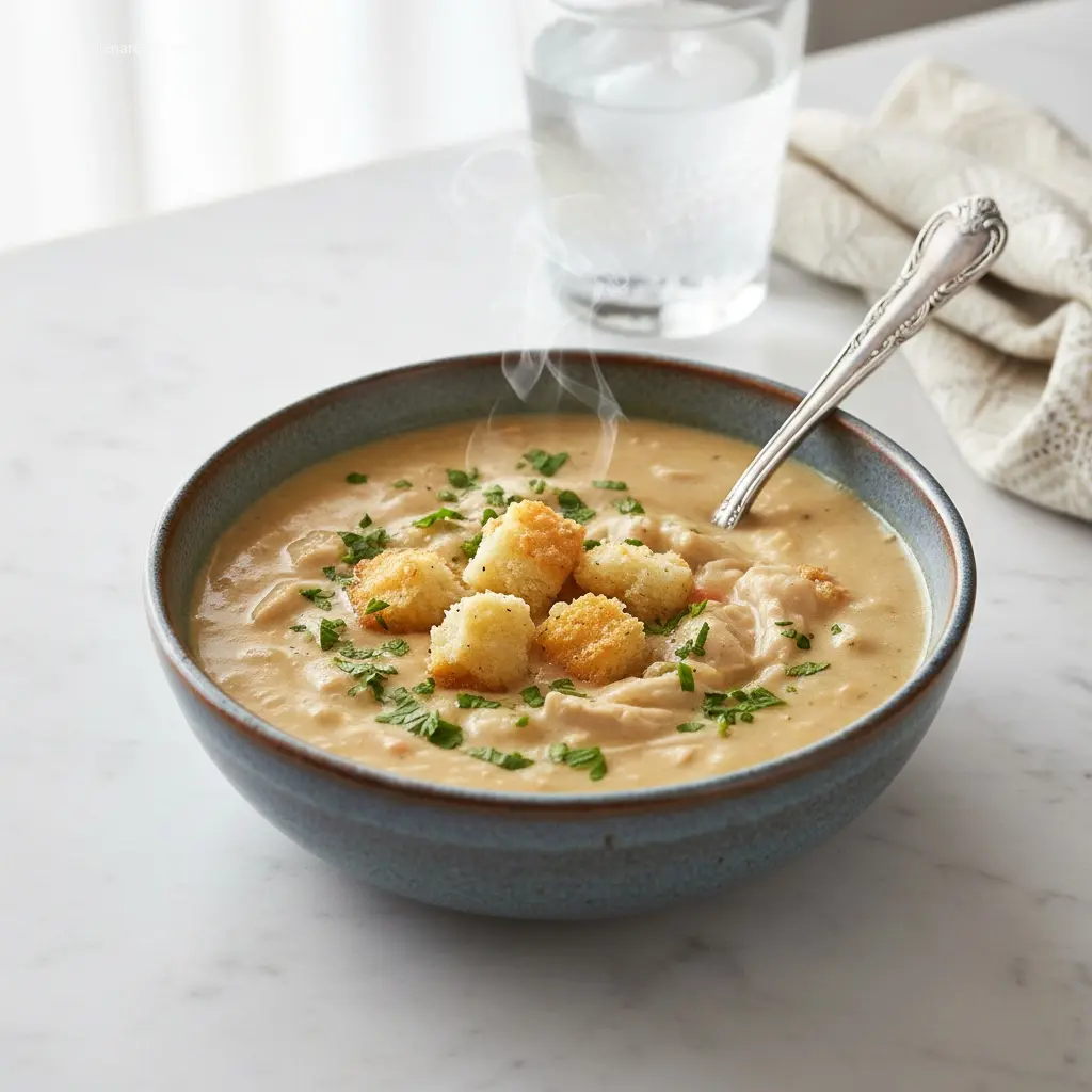 Creamy Chicken Pot Pie Soup Recipe from a 45-degree view.