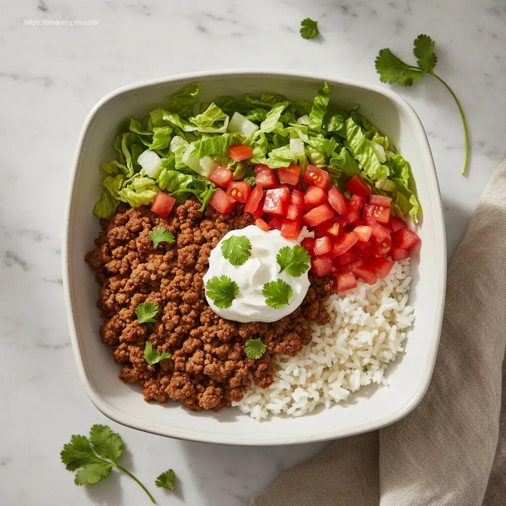 Delicious Easy Taco Rice Bowl with fresh toppings.