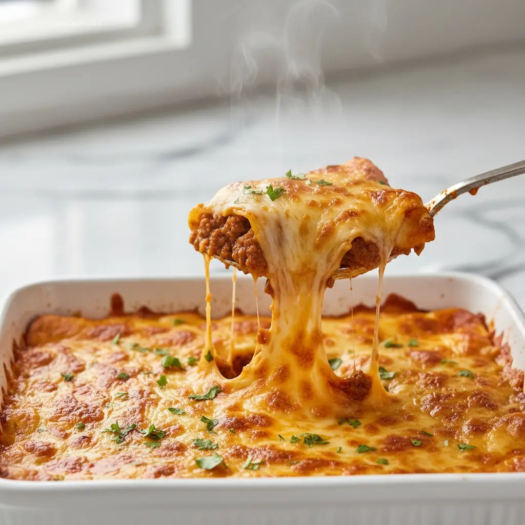Spoon lifting cheesy beef enchiladas from a baking dish.