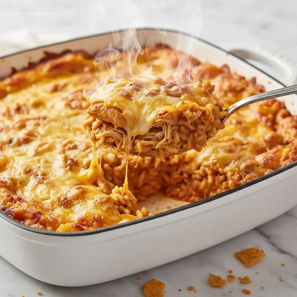 Spoon lifting a serving of Chicken Enchilada Rice Casserole.