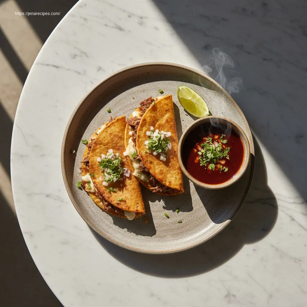 Delicious Fave Birria Tacos with consome, cilantro, and lime.