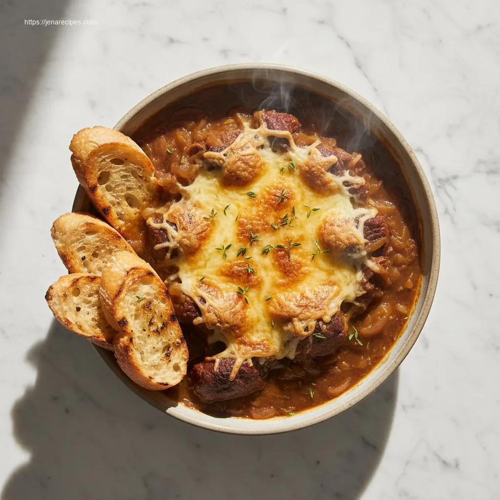 Delicious French Onion Pot Roast recipe in an overhead shot.
