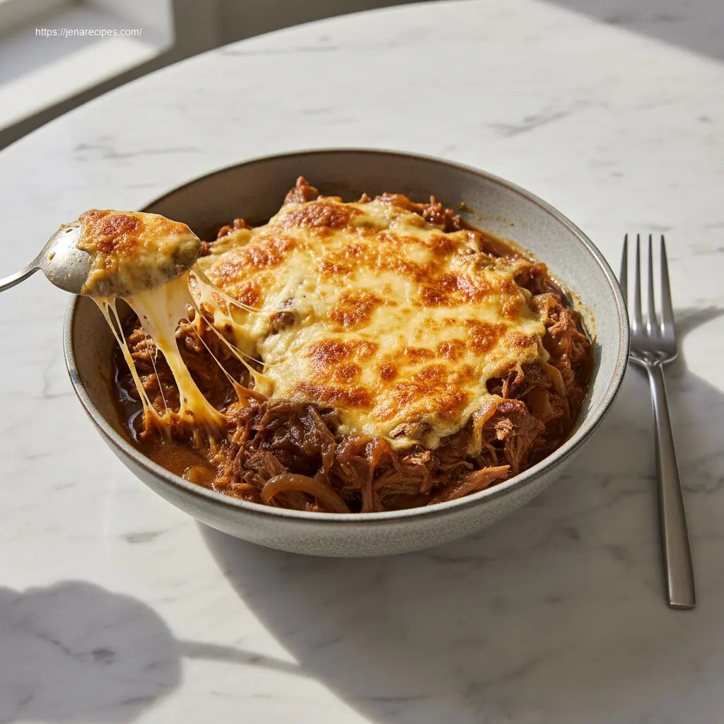 French Onion Pot Roast dish, 45-degree view with melted cheese.