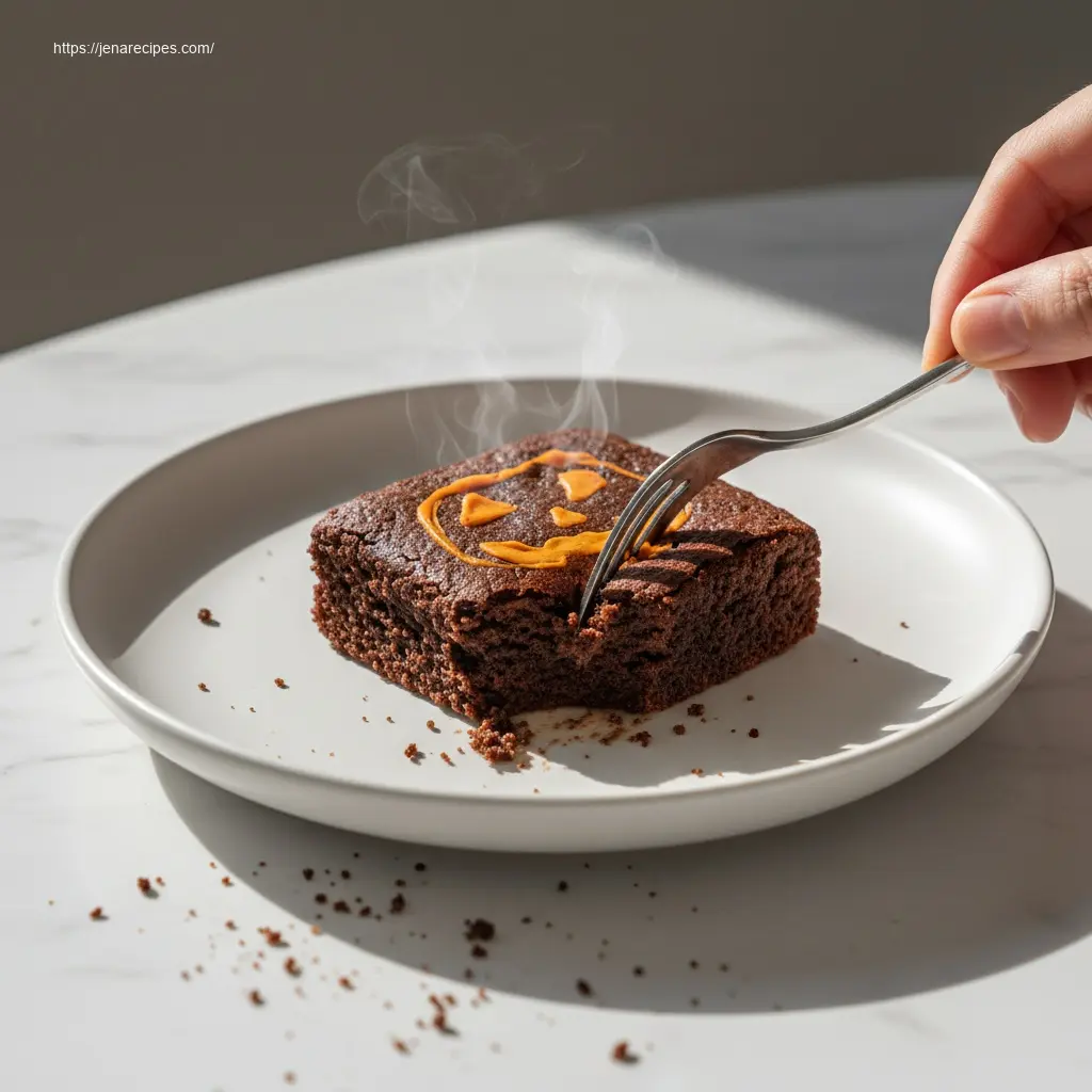 Close-up of a cut Jack O’ Lantern Brownie with a fork.