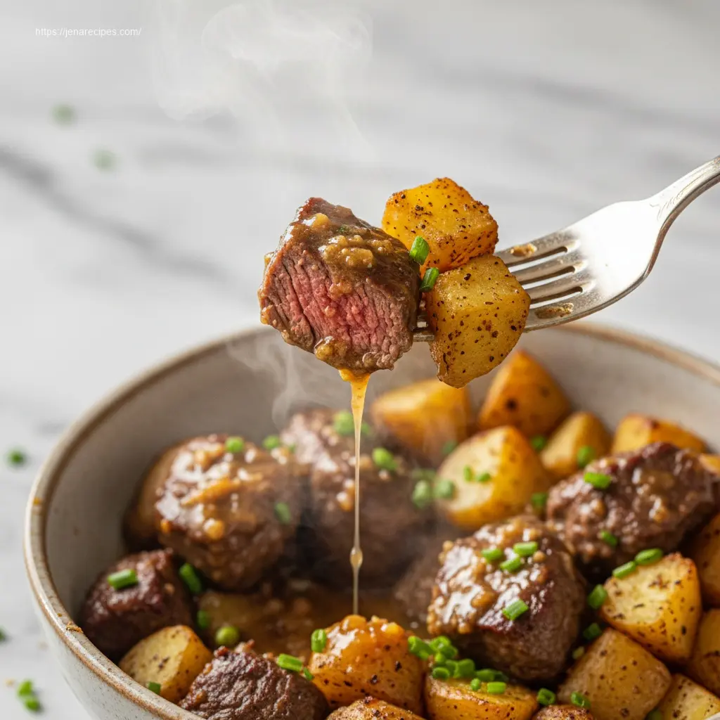 Fork lifting a crockpot garlic butter beef bite.