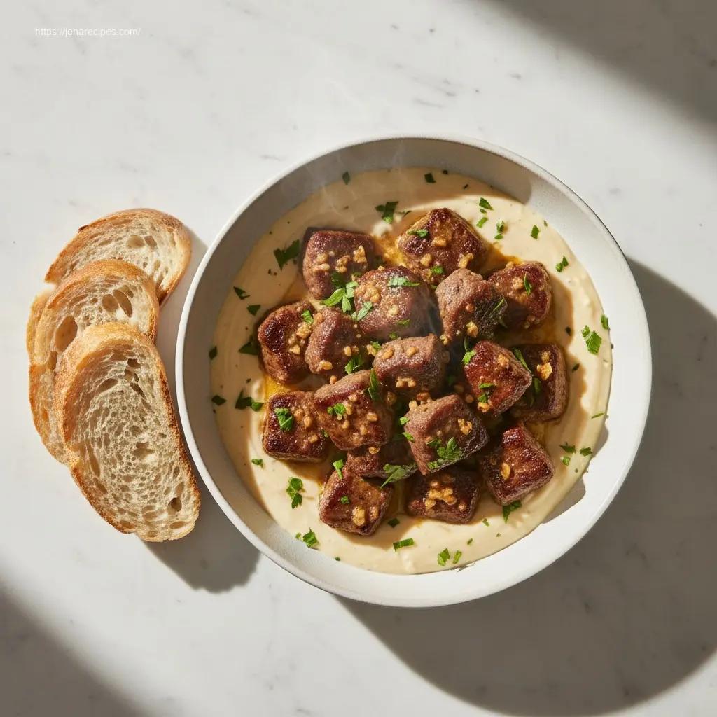 Overhead view of Garlic Butter Steak Bites with Parmesan Cream Sauce.
