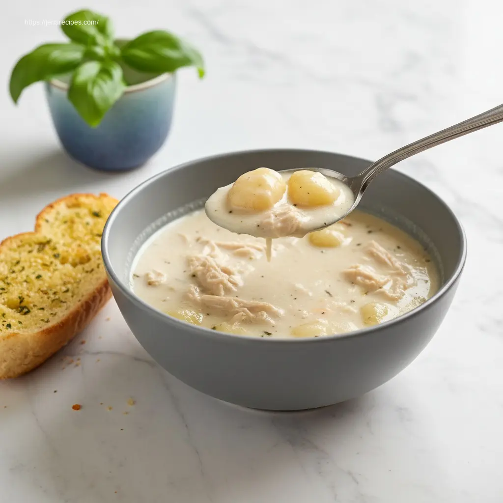 A spoonful of creamy Olive Garden Chicken Gnocchi Soup.