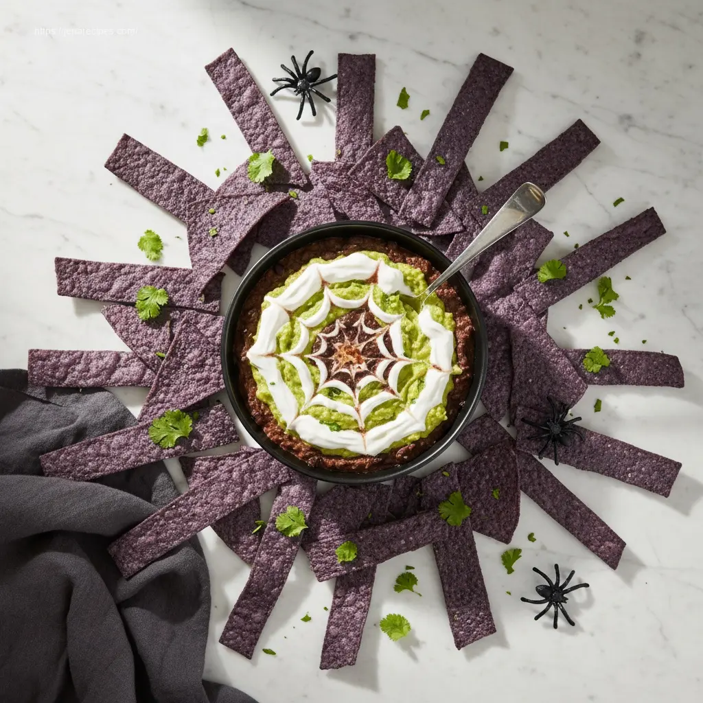 Overhead view of spider web dip, 12 easy Halloween party foods