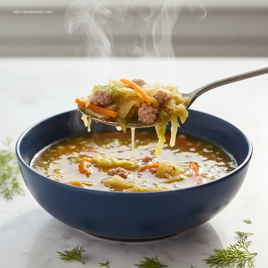 Spoon lifting Cabbage Fat-burning Soup with hamburger.