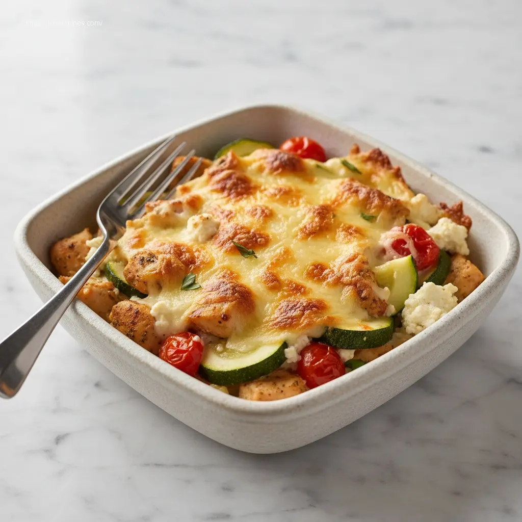 Individual serving of Mediterranean Chicken Zucchini Bake on a white table.
