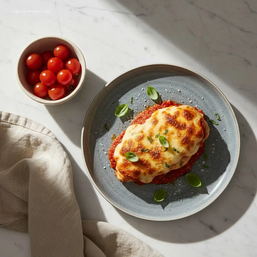Delicious Healthy Baked Chicken Parmesan on a rustic plate.