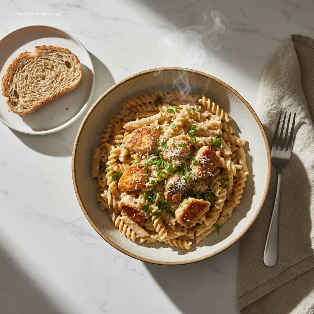 Delicious Healthy Garlic Parmesan Chicken Pasta in a bowl.