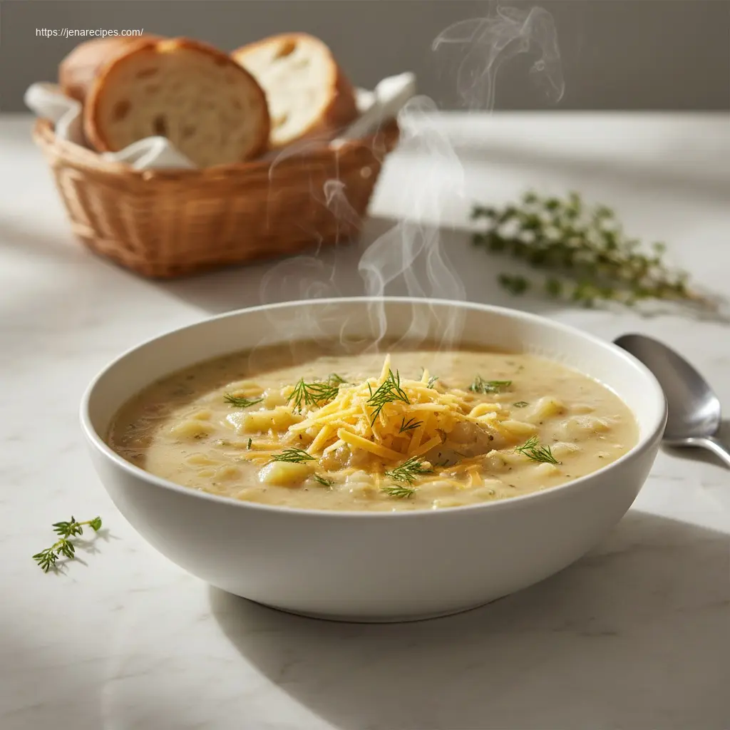 Hearty Cheddar Garlic Herb Potato Soup recipe on a marble table.