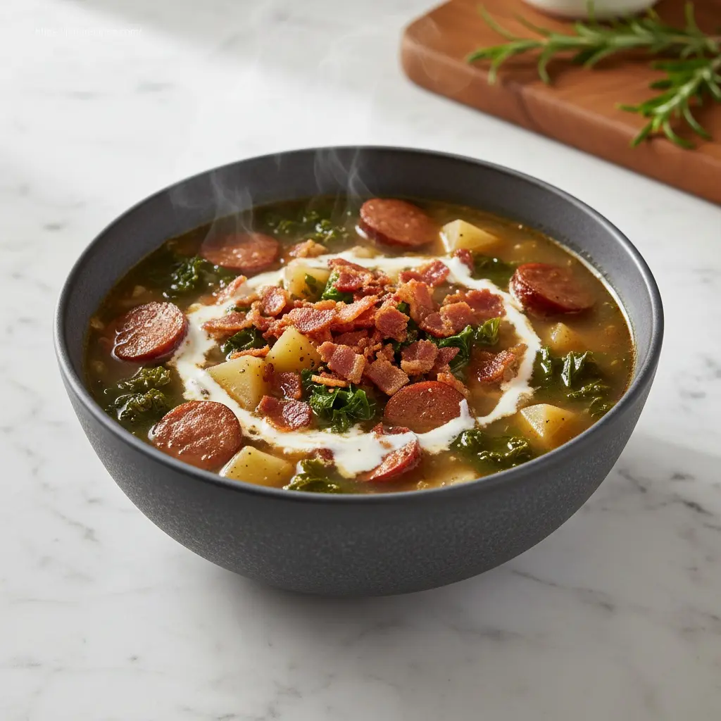 Warm sausage potato soup with bacon bits.