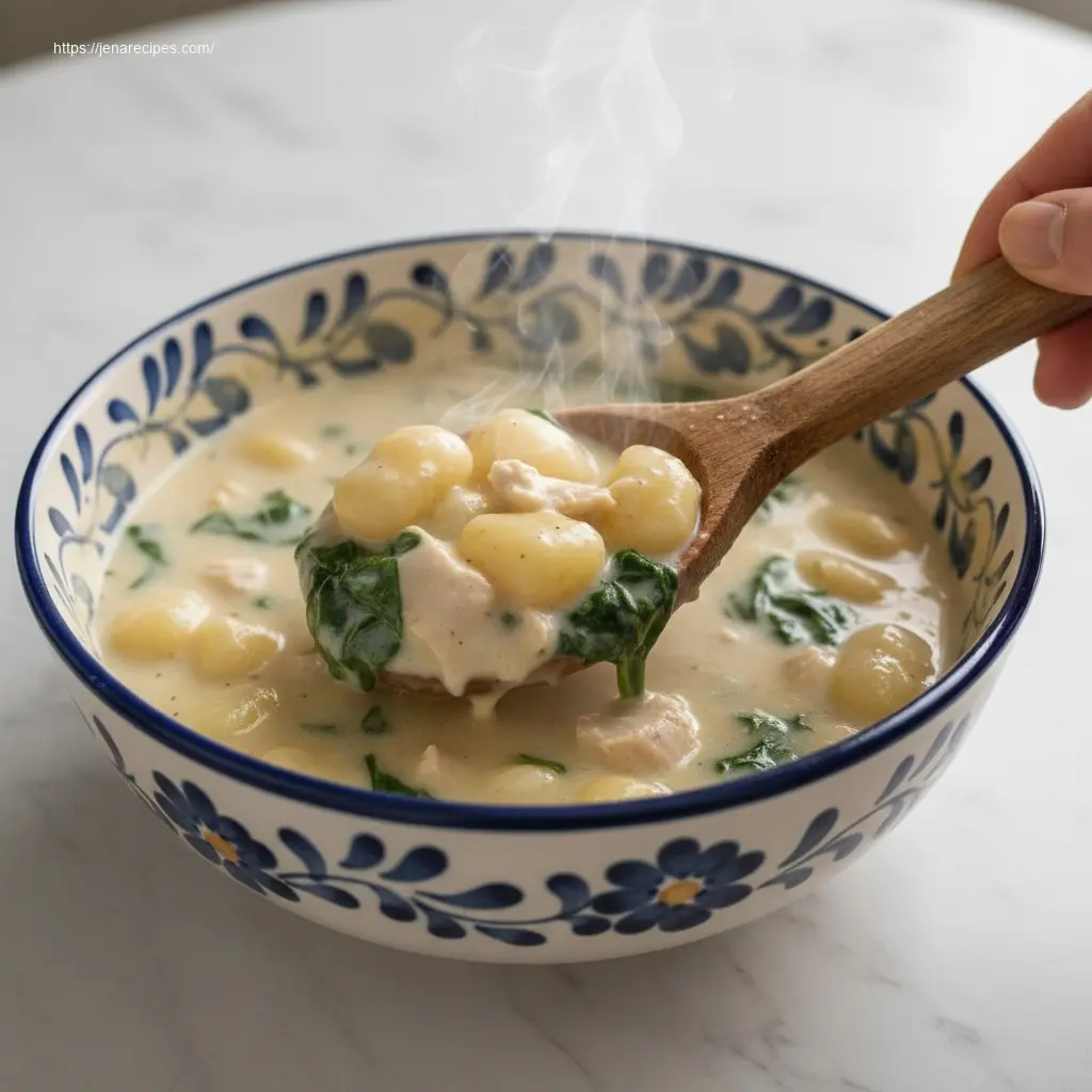 Close-up of Olive Garden Chicken Gnocchi Soup with a wooden spoon.