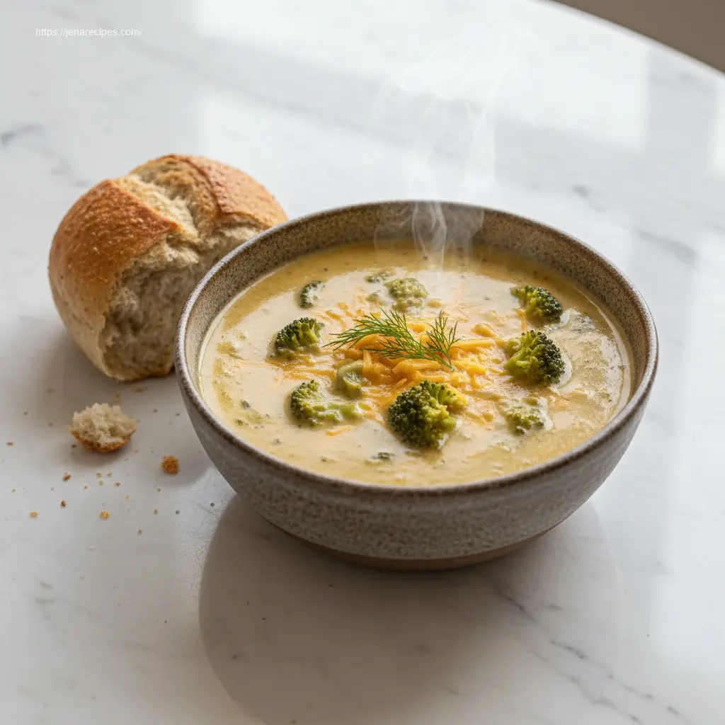 Creamy High Protein Broccoli Cheddar Soup with a fresh bread roll.