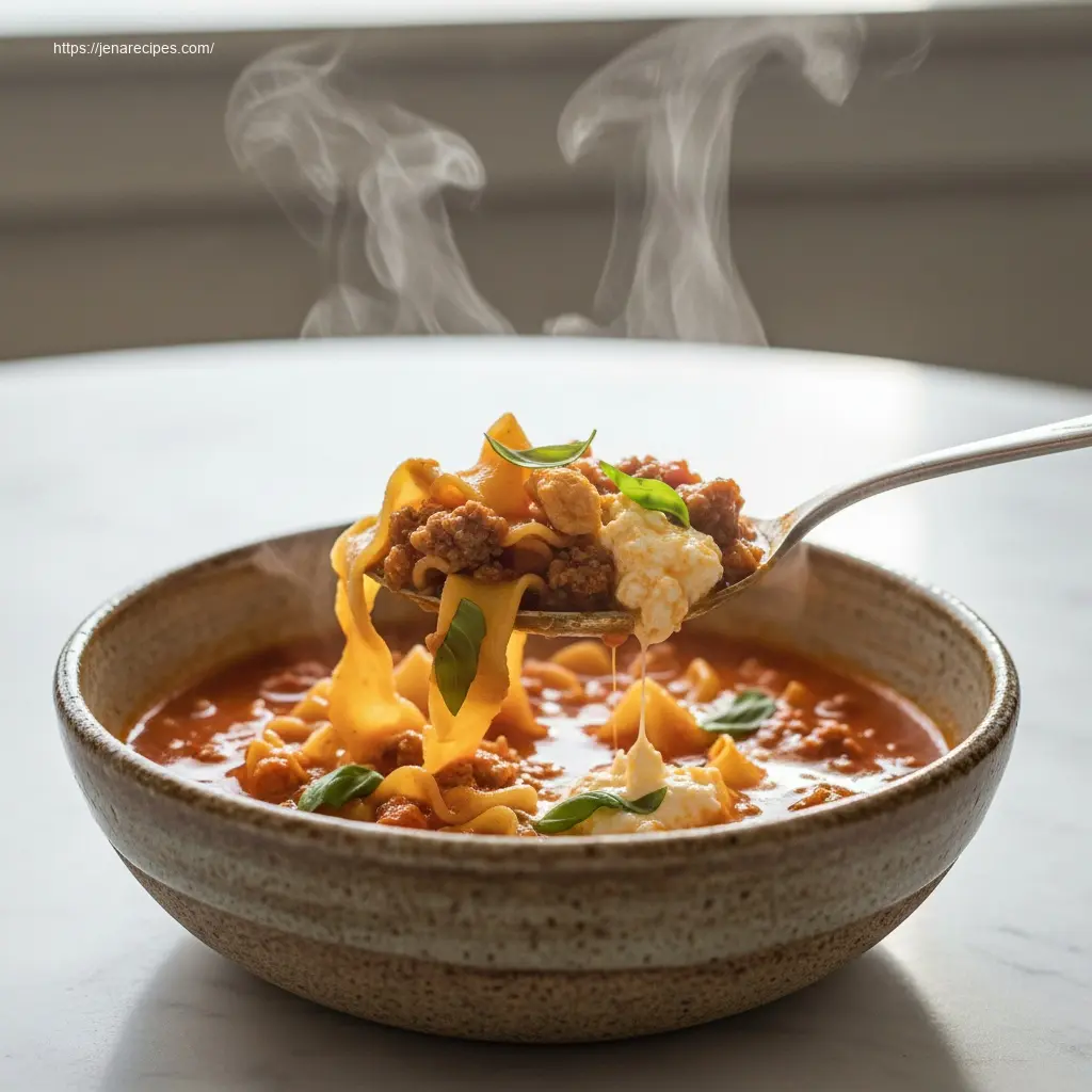 Spoon lifting High Protein Lasagna Soup, showcasing its texture.