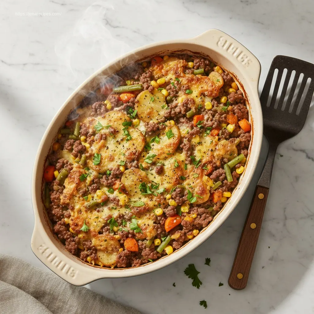 Delicious Hobo Casserole with ground beef and potatoes, overhead view.