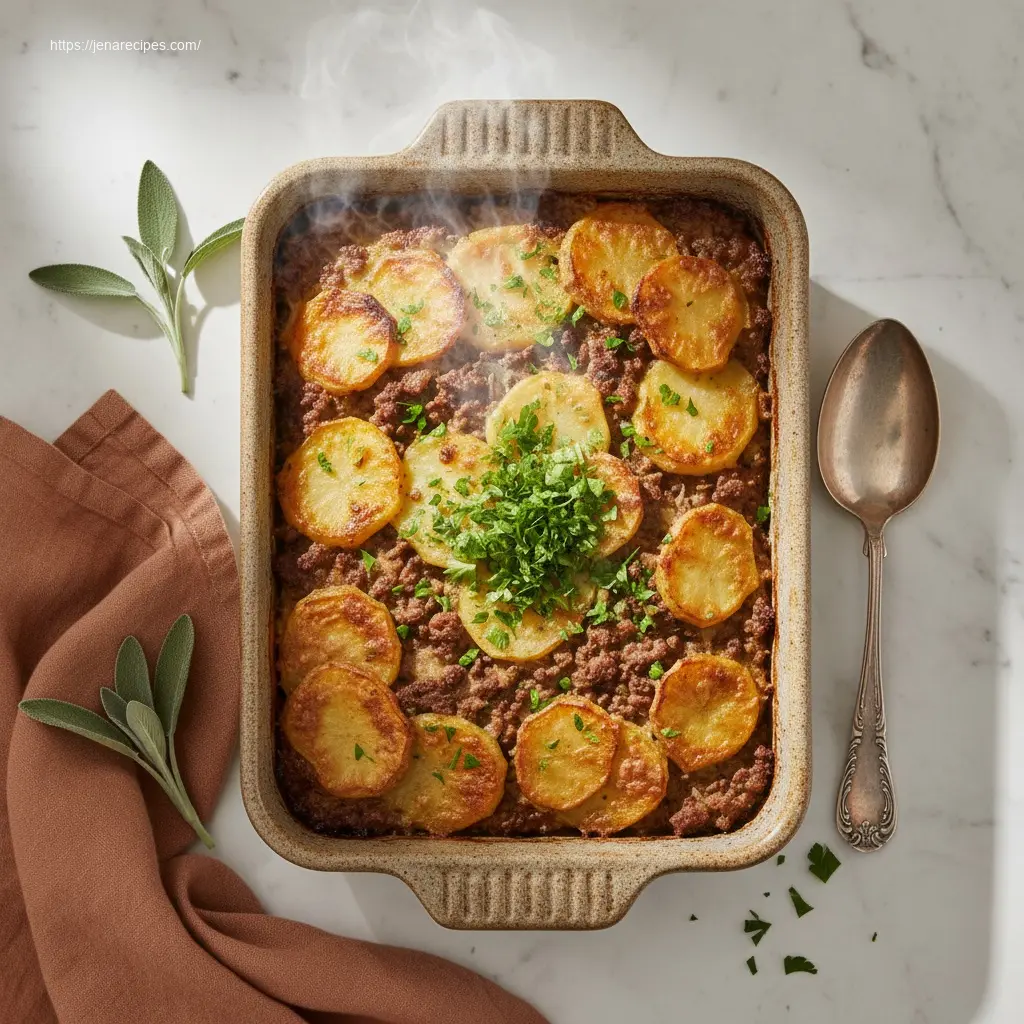 Delicious Hobo Casserole with Ground Beef &amp; Potatoes, overhead view.