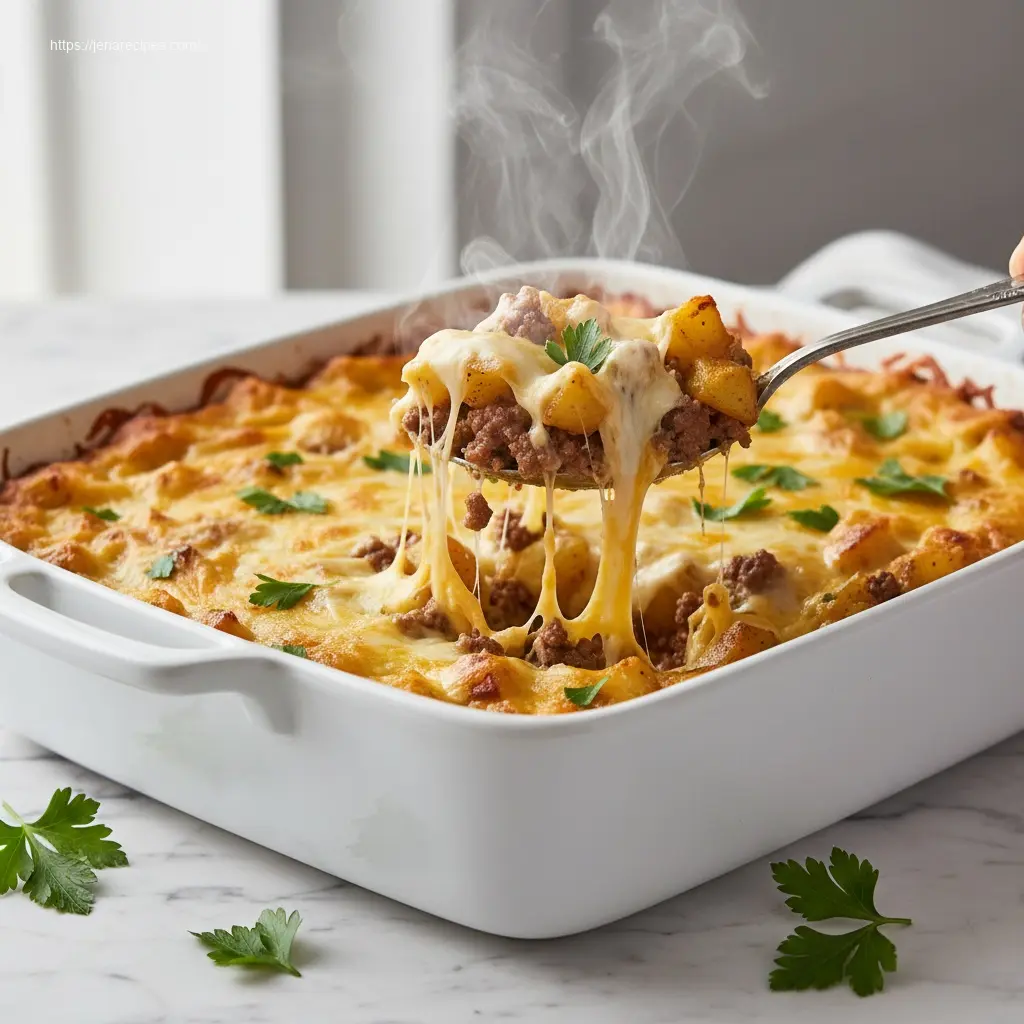 Spoon scooping hot and cheesy Hobo Casserole.