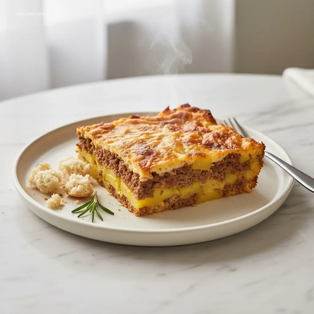 A slice of Hobo Casserole with Ground Beef & Potatoes on a plate.