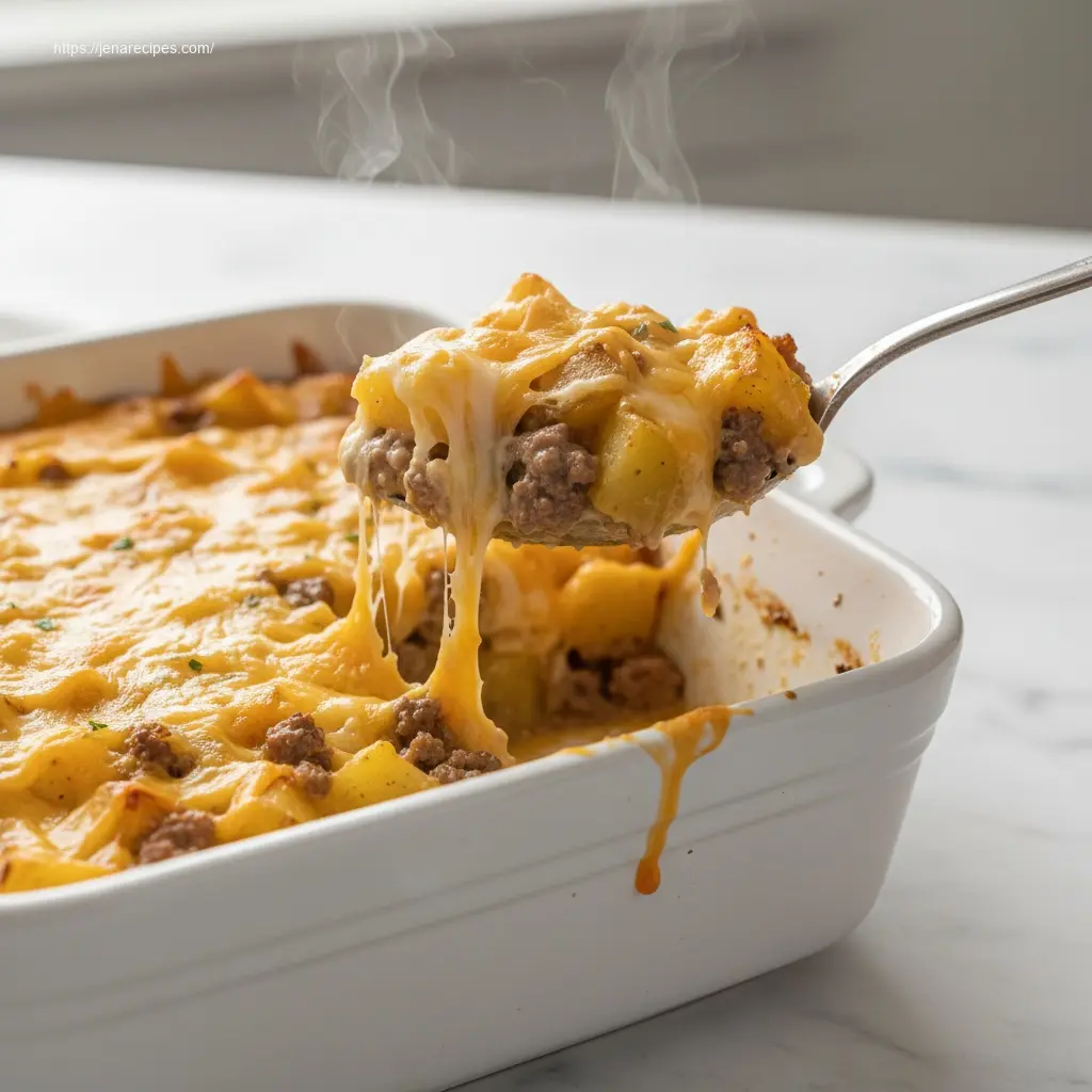 Spoon scooping Cheesy Hamburger Potato Casserole