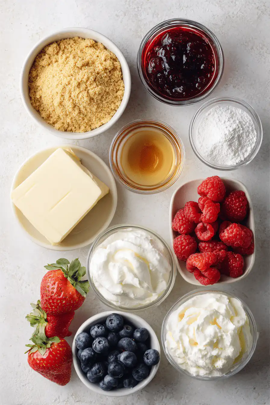 Ingredients for no-bake cheesecake jars including graham crumbs, butter, cream cheese, powdered sugar, vanilla, whipped cream, and fresh berries