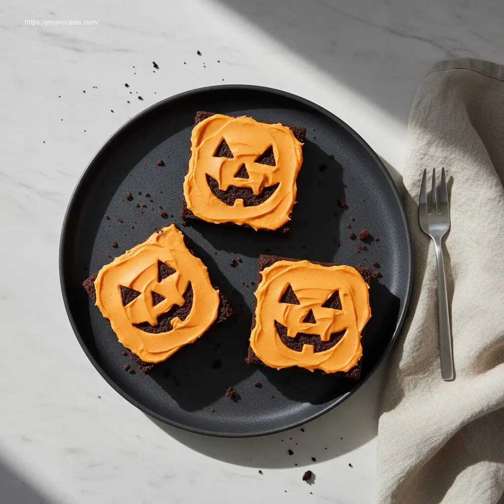 Delicious Jack O Lantern Brownies on a white marble table.