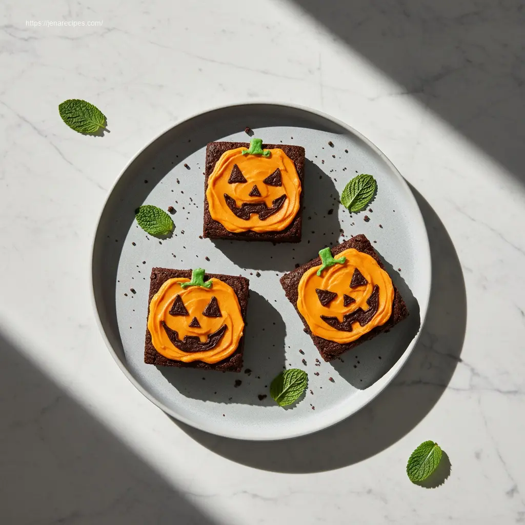 Delicious Jack O’ Lantern Brownies with orange frosting on a platter.