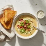 Creamy Jalapeno Popper Soup with grilled cheese dippers.