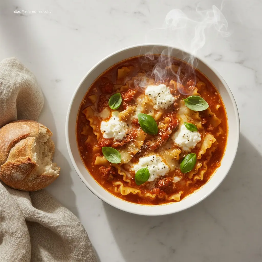 Delicious High Protein Lasagna Soup in a white bowl with fresh garnish.