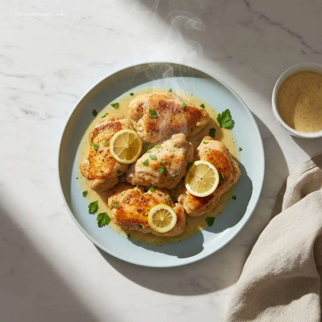 Slow Cooker Lemon Garlic Chicken, perfectly cooked and garnished.