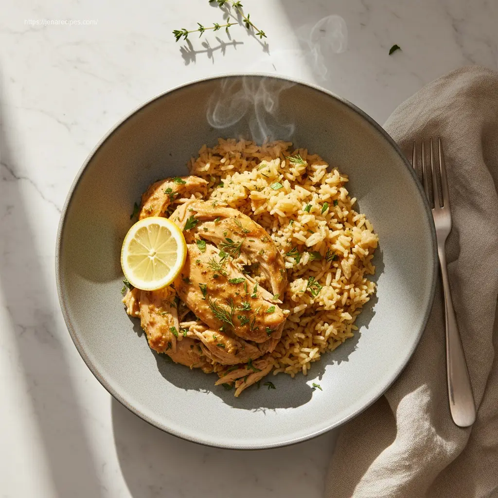 Delicious Slow Cooker Lemon Herb Chicken and Rice, overhead
