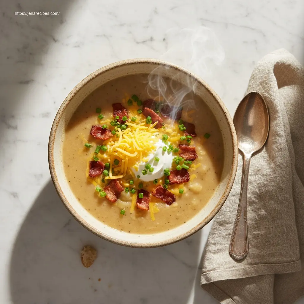 Creamy Loaded Baked Potato Soup with bacon and chives.