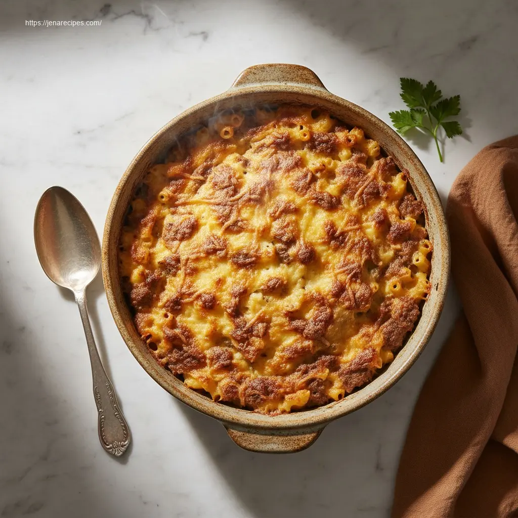 Delicious Mac and Cheese Meatloaf Casserole, overhead view.